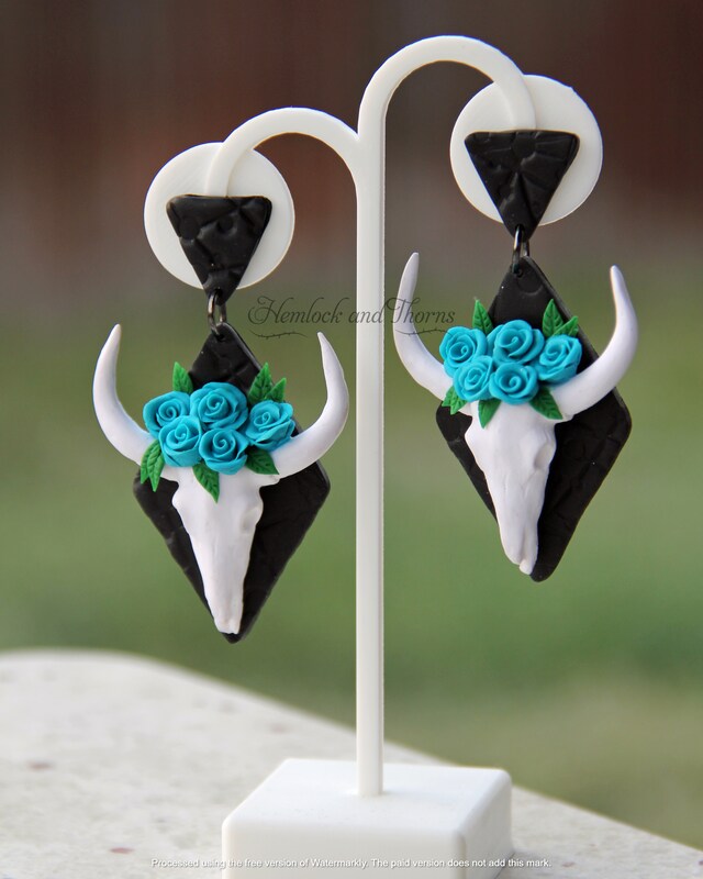 Cow Skull Rose Crown Clay Earring | Longhorn Skull Earring | Flower Earring | Chic Rose Crown | Lightweight Dangle Earring